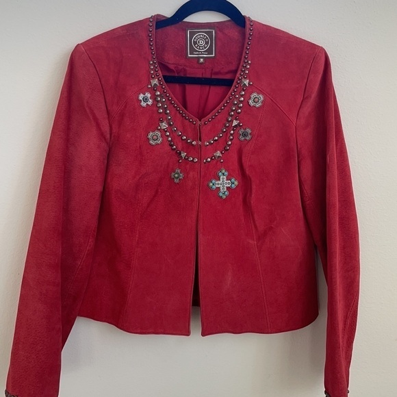 Double D Ranch Coral red embellished suede leather jacket M - Picture 1 of 12